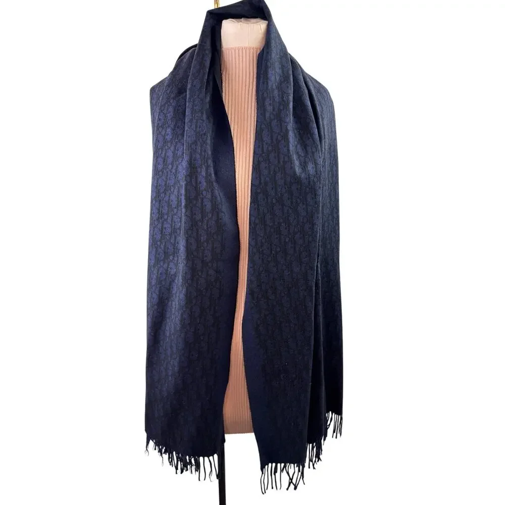 DIOR Oblique Navy Black Double-Sided Scarf Cashmere Fringed Edges Around Neck